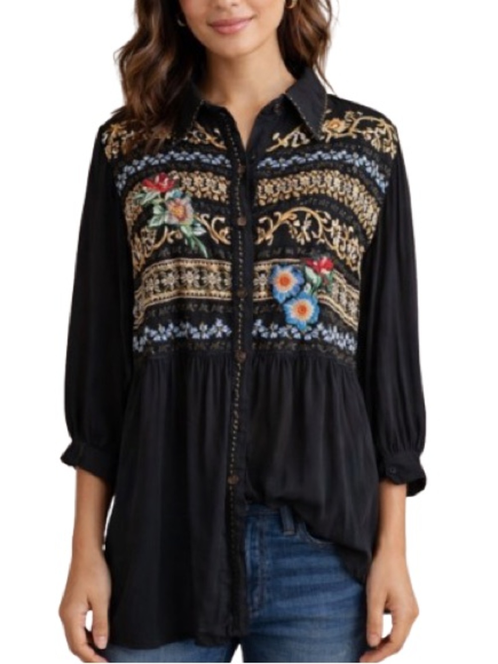 Krista Lee Embroidered Tunic Blouse Black Boho Festival Rayon L